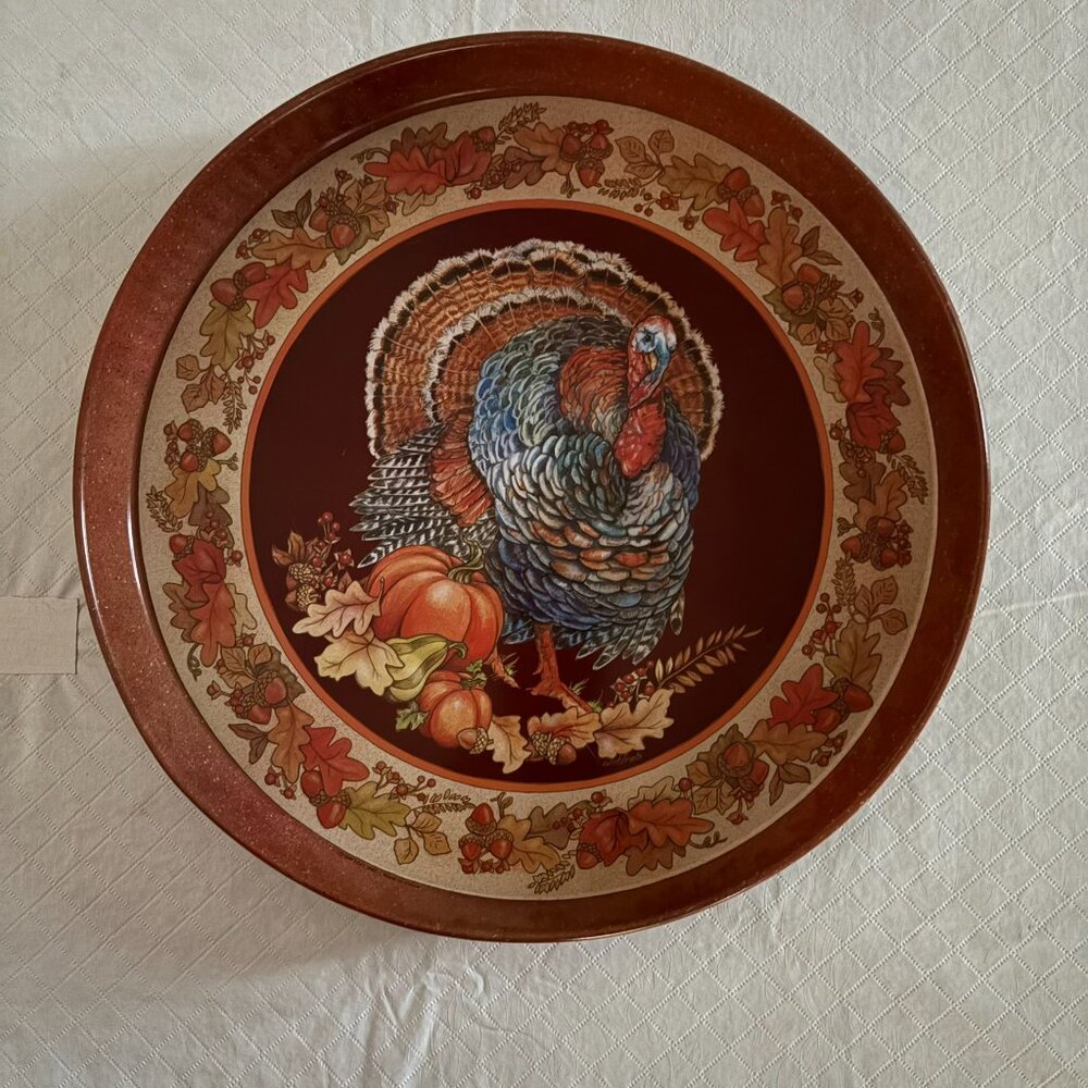 Thanksgiving Metal Serving Tray 12” Round Platter With Cute Turkey With Pumpkins